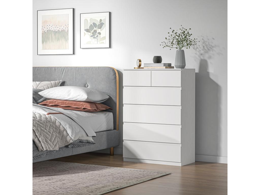 Commode 6 tiroirs style contemporain dim- 80L x 39l x 115H cm poignées invisibles blanc FUXF61407