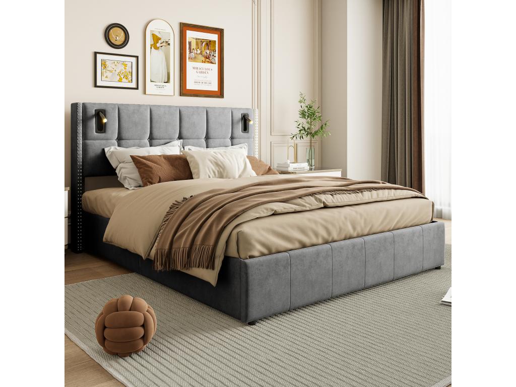 Lit coffre 160x200 cm Lit double avec rangement et sommier à Boislis tissu en velours Boislisère de lecture Gris LMOI50937