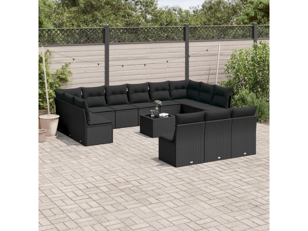 Salon de jardin avec coussins 14 pcs noir résine tressée SBUF33605