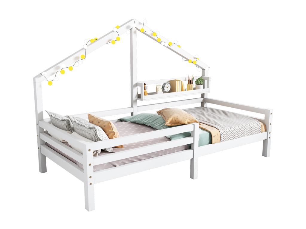 Lit cabane 90x200 cm avec étagère de rangement - Mobenze de pin - coloris blanc FDPT76867