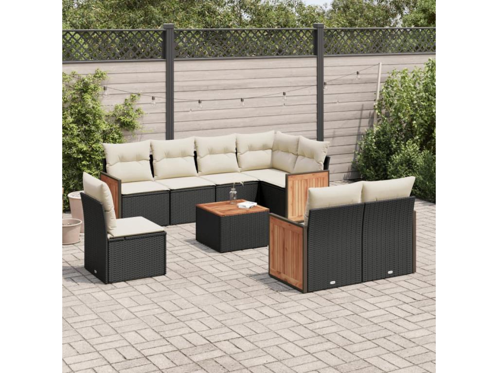 Salon de jardin 9 pcs avec coussins noir résine tressée JRFY74194
