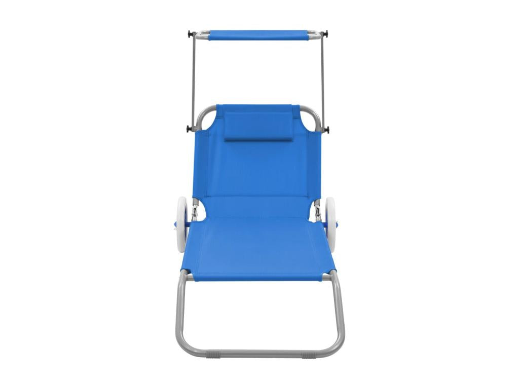 Chaise longue pliable avec auvent et roues Acier Bleu MZEU14320