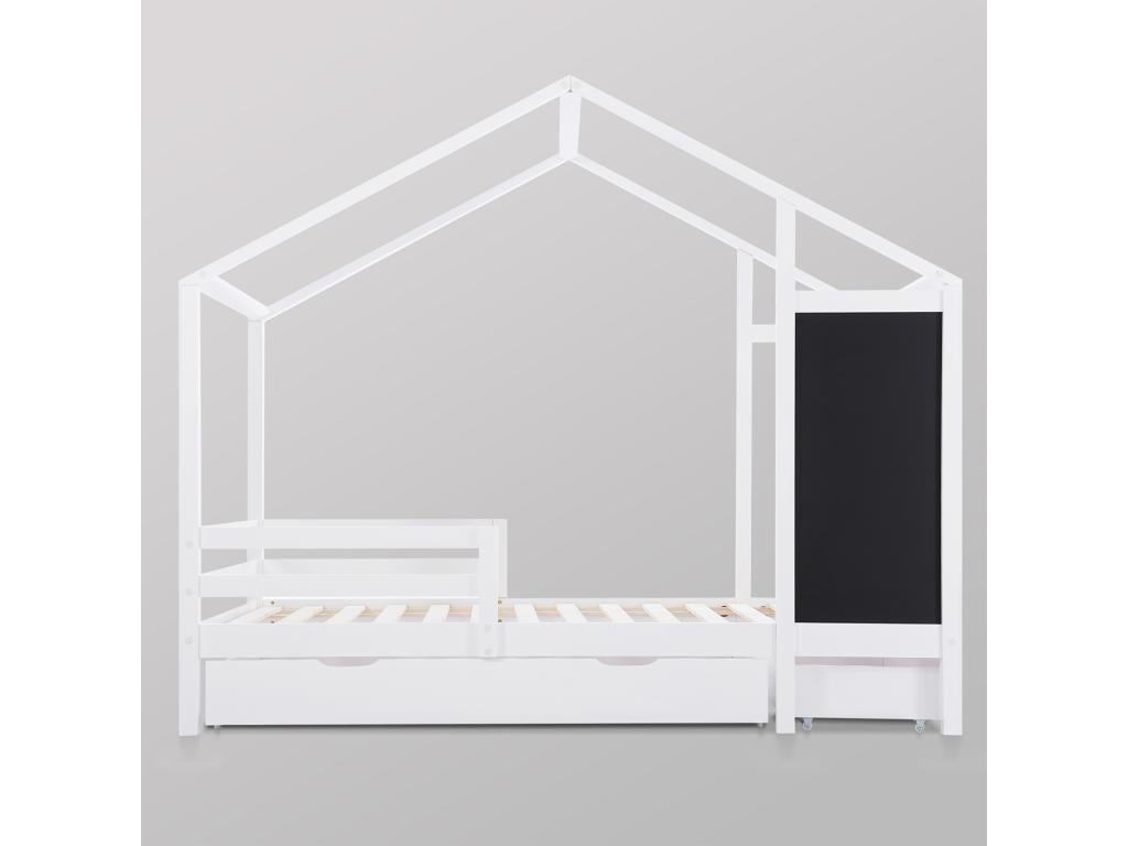 Lit cabane 90x200 cm Lit enfant lit en Mobenze avec tableau et 2 tiroirs Mobenze massif avec barrière et sommier blanc XHJW62375