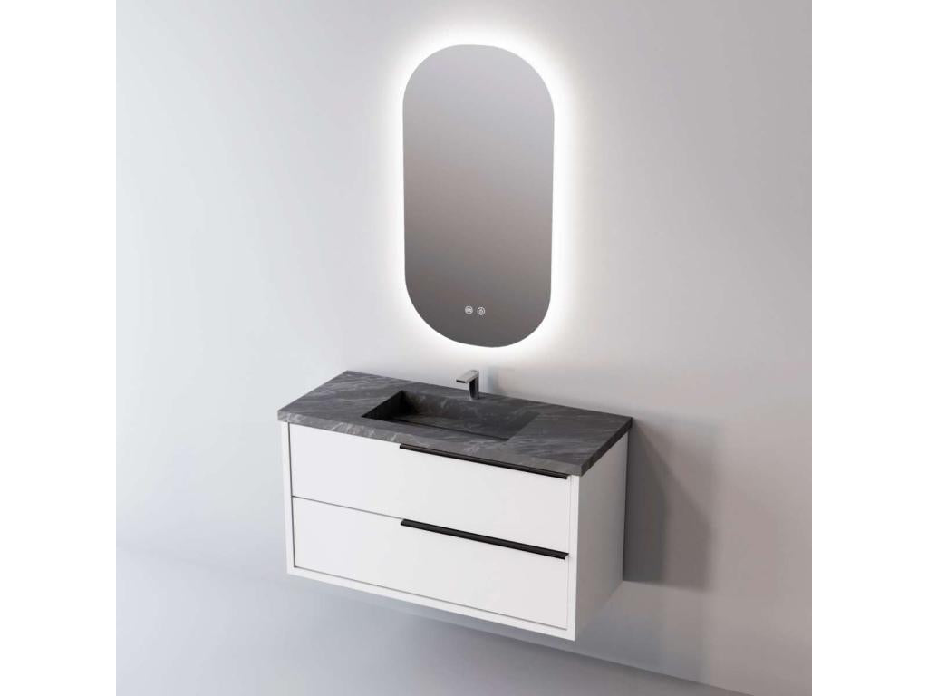 Meuble de salle de bain plan vasque Grès Cérame Noir Boislis 2 Tiroirs Poignée Noir l80xh54xp45 Laqué Blanc Mat LIKE CSRU78489