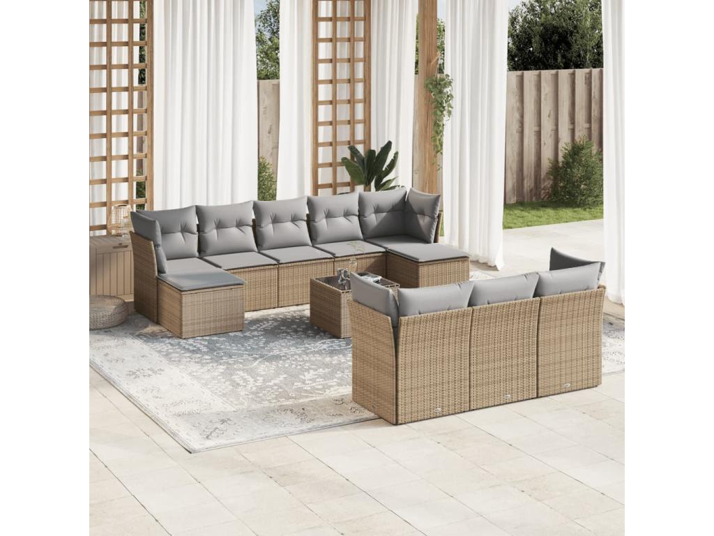 Salon de jardin 11 pièces avec coussins beige résine tressée ROSB68121