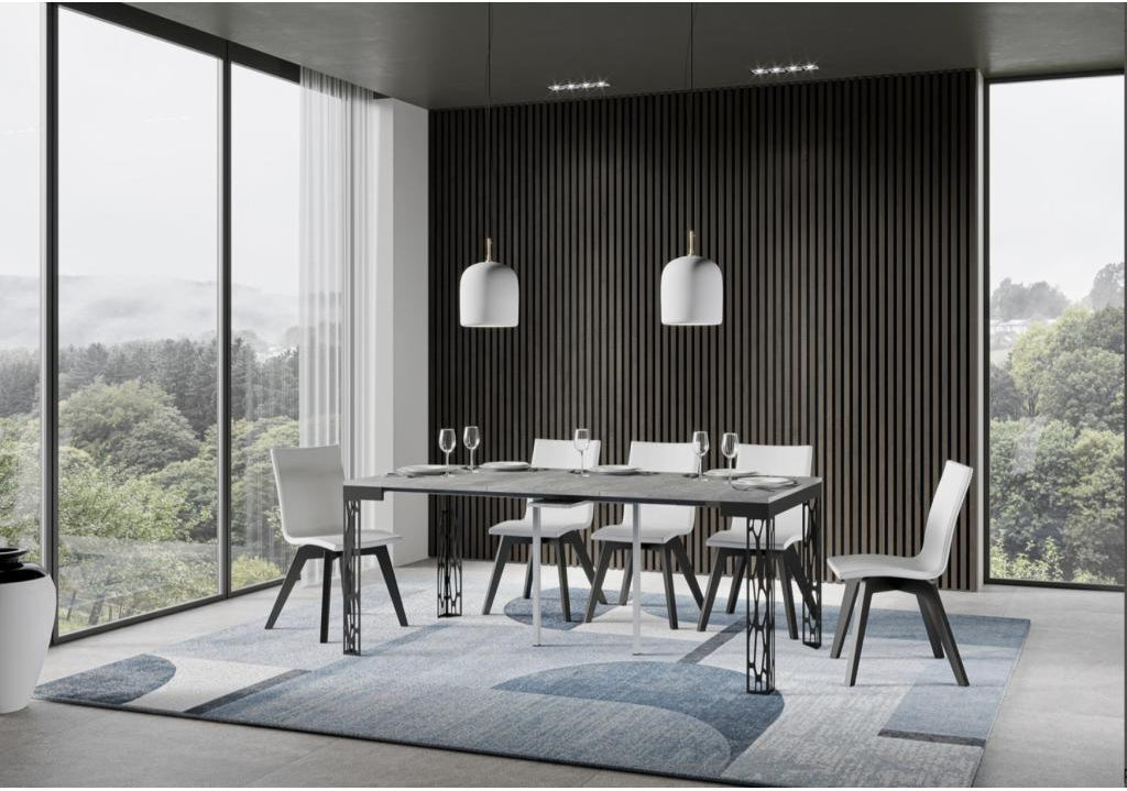 Console extensible design bois et acier anthracite Boislis évolution-Couleur Gris ciment-Pied et support sur Boislis-3 rallonges IWKB27162