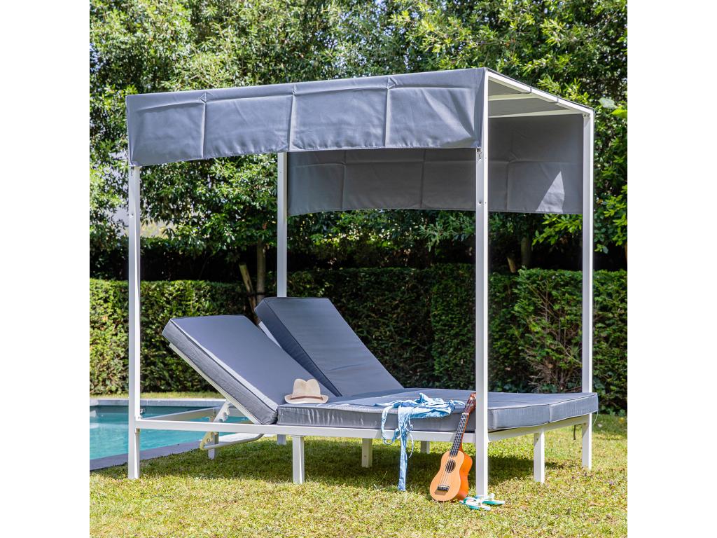 Lit à baldaquin d'extérieur Boislis - aluminium blanc/coussins gris - Boislis ILOV92864