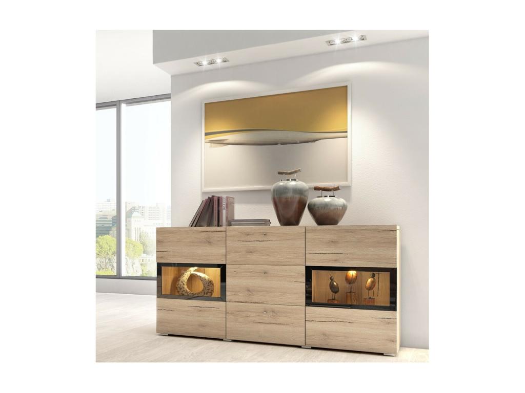 Buffet 2 portes et 3 tiroirs avec éclairage LED intégré collection Boislis- Coloris chêne et noir. LSMY32710