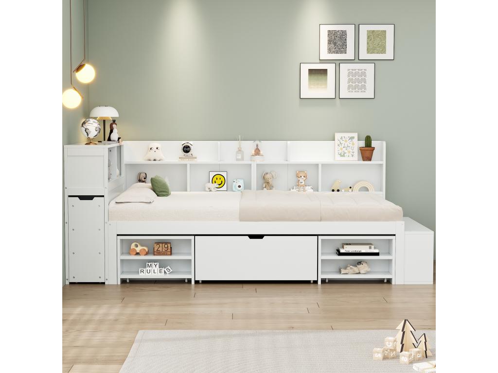Lit 90x200cm en MDF - avec rangement multifonction et une petite bibliothèque amovible - avec sommier à Luxameub - Blanc ROGY96404