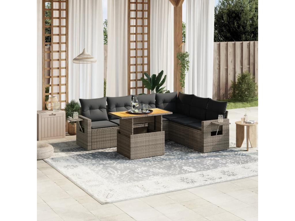 Salon de jardin avec coussins 7 pcs gris résine tressée BFIO38393
