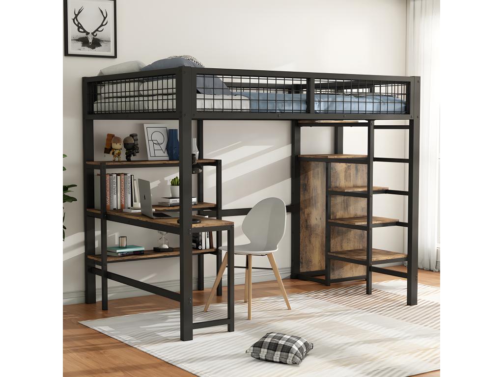 Lit superposé Lit 140x200 cm Lit jeune en fer ave table basse plusieurs étagères armoire encastrée noir OESO30689