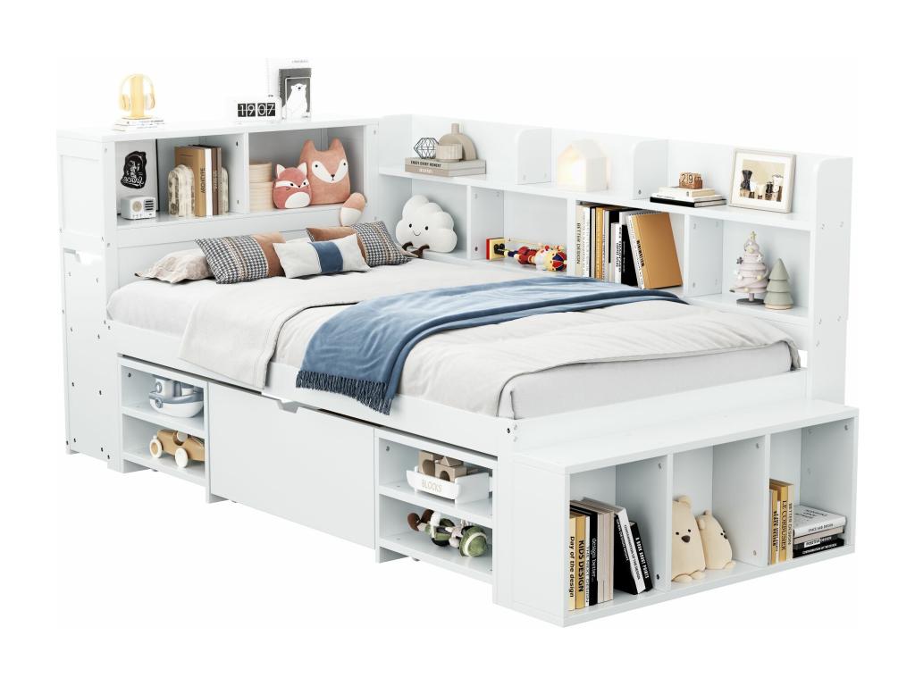 Lit 90x200cm en MDF - avec rangement multifonction et une petite bibliothèque amovible - avec sommier à Luxameub - Blanc ROGY96404