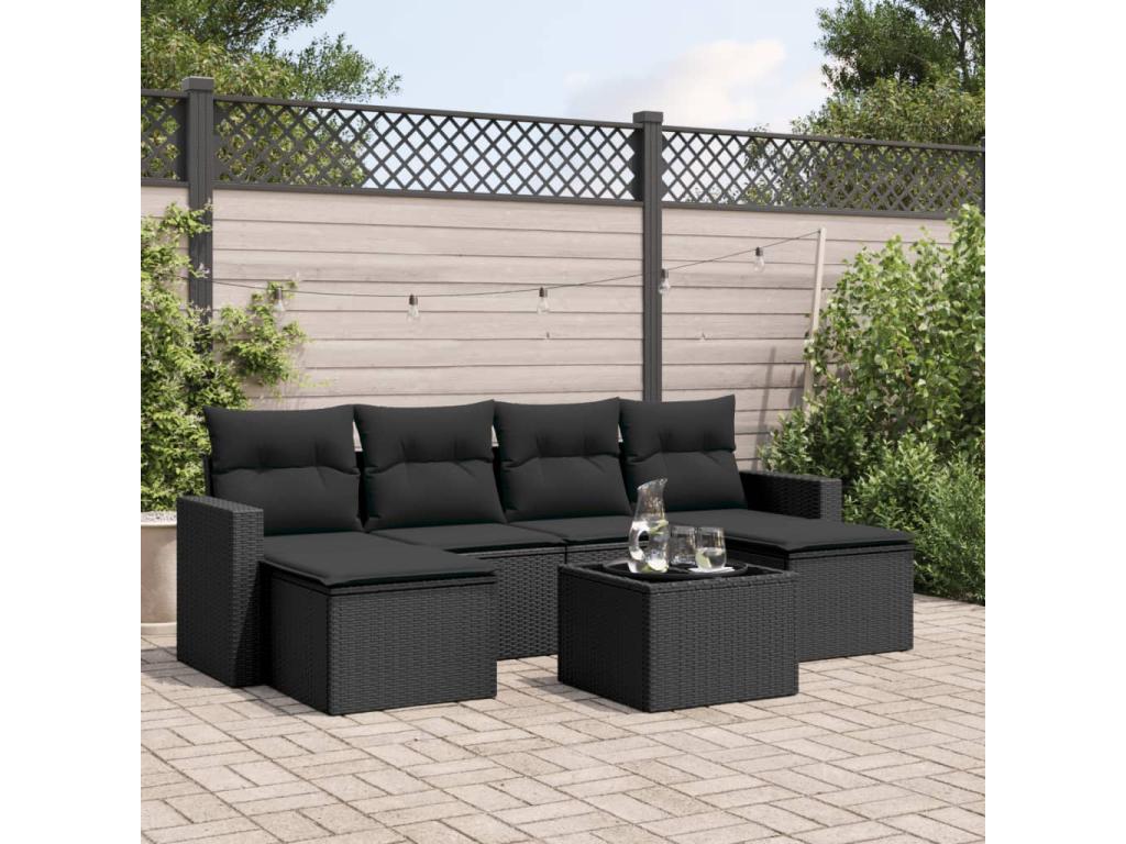 Salon de jardin 7 pcs avec coussins noir résine tressée ENWB87049