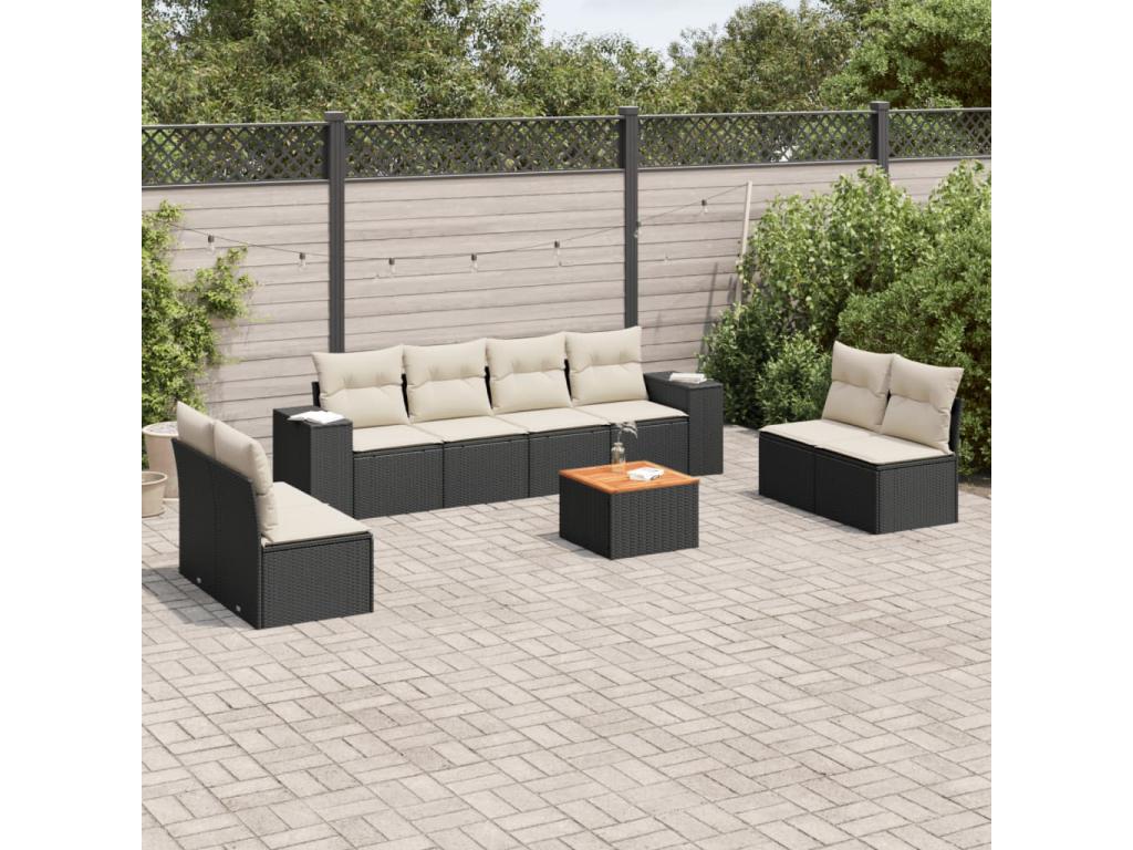 Salon de jardin 9 pcs avec coussins noir résine tressée NCBN37876