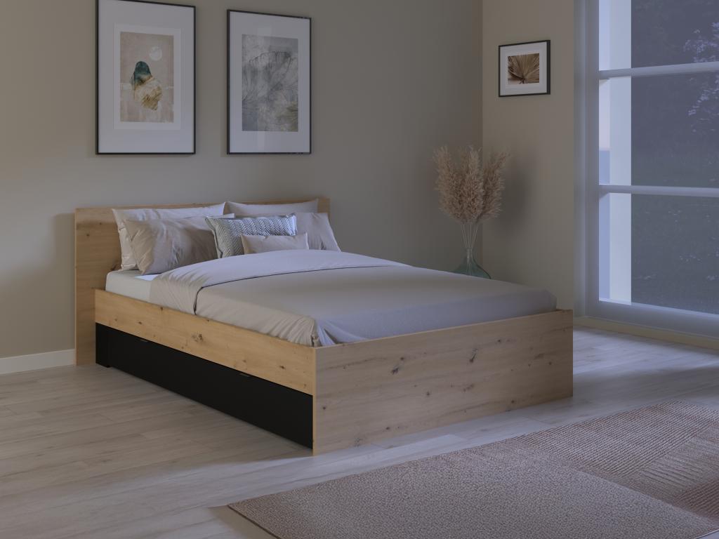 Lit avec 2 tiroirs 140x190/200 cm - Coloris Naturel et noir Sommier Matelas - Boislis SFPE52436