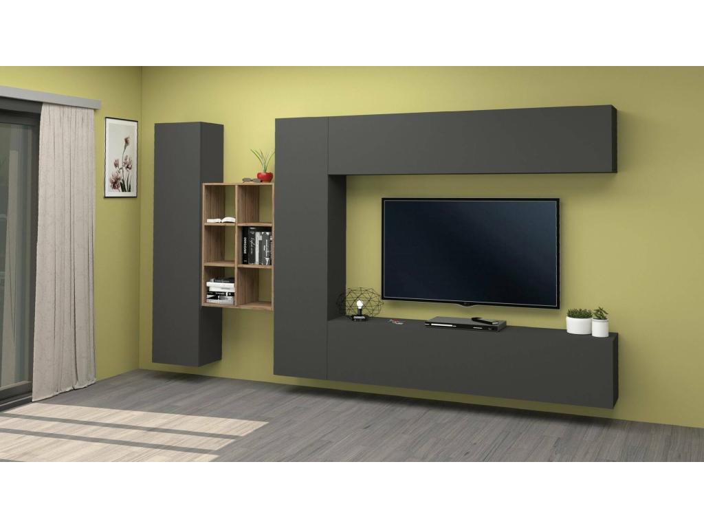 Élément mural Mobenze meuble TV 4 portes Meuble de salon polyvalent Made in Italy 280x30h180 cm Anthracite et Érable EBHS21312