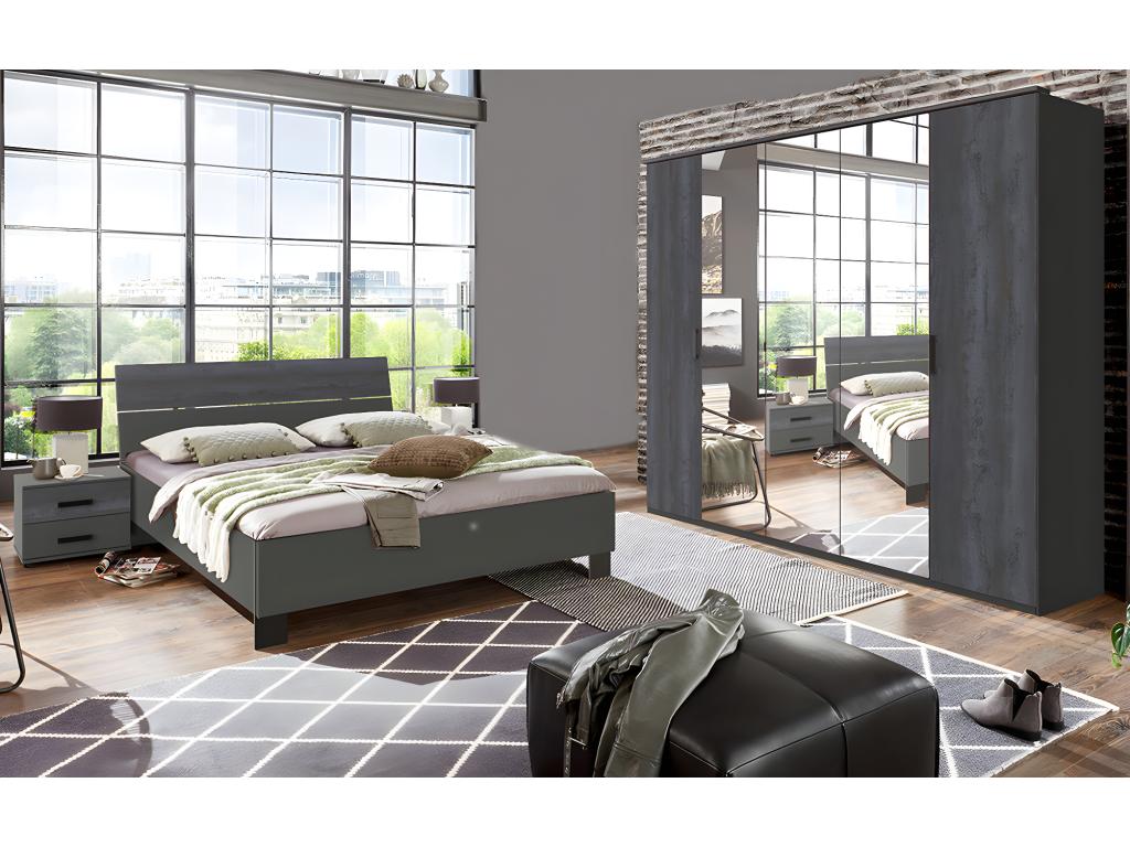 Chambre à coucher complète adulte lit 160x200 cm 2 chevets armoire coloris gris foncé NCOK70034