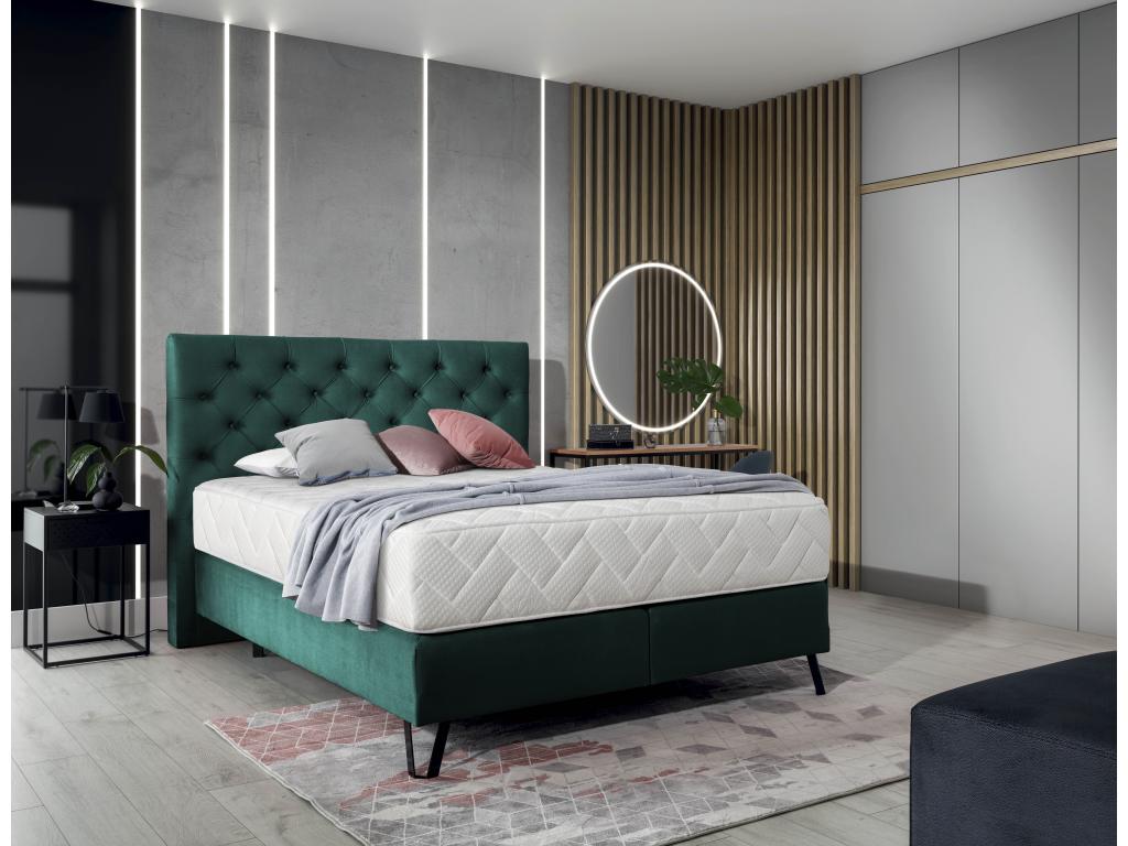 Lit continental capitonné tissu vert Mobenze avec matelas 30cm en latex et pied métal noir-140x200 BZQS36242