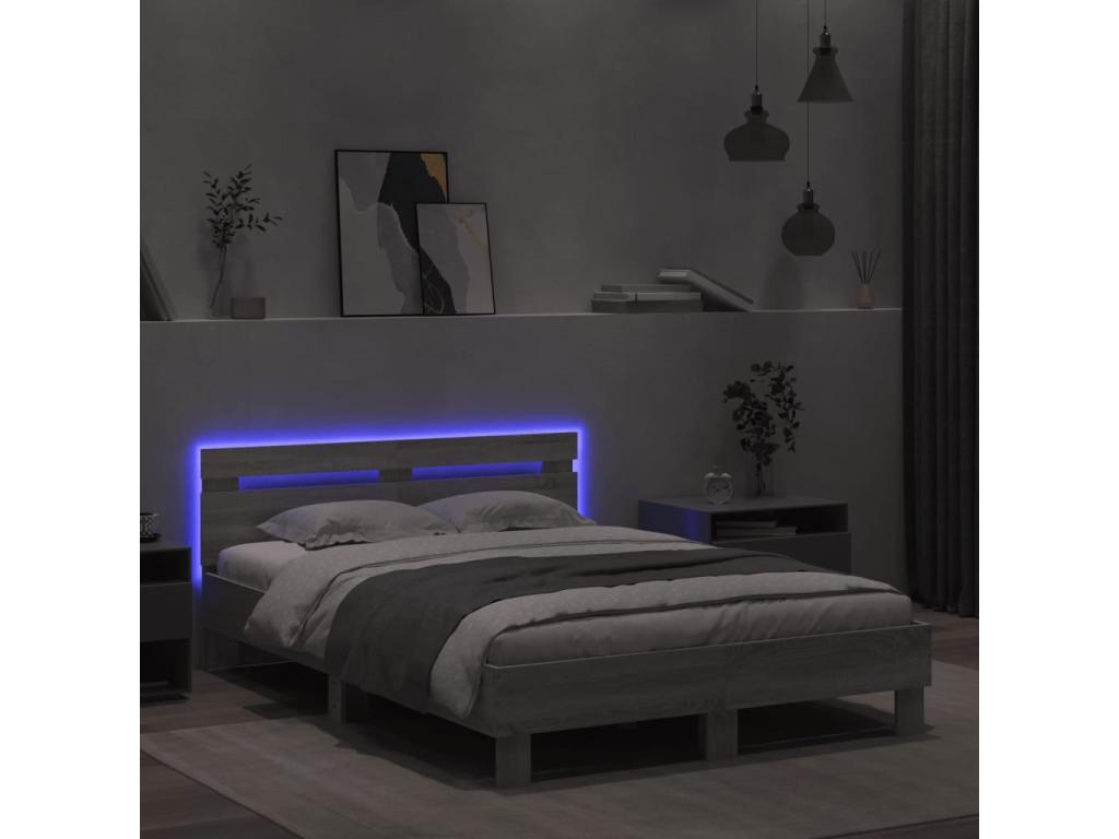 Cadre de lit avec tête de lit et LED Boislis gris 135x190 cm TGLT08975