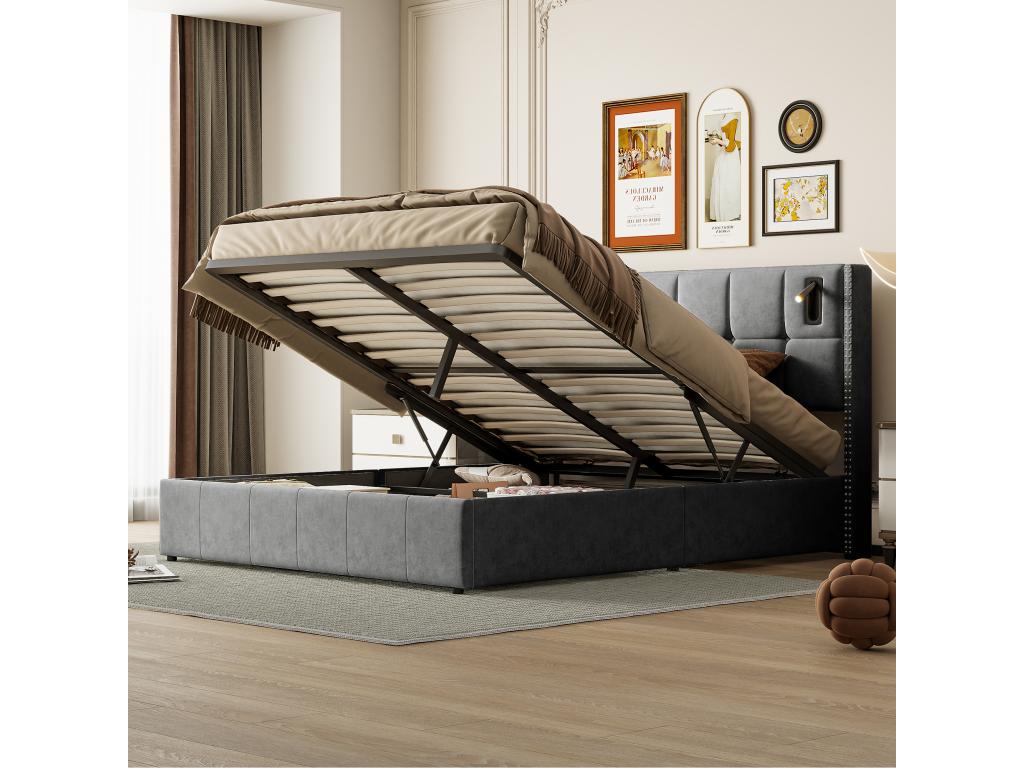 Lit coffre 160x200 cm Lit double avec rangement et sommier à Boislis tissu en velours Boislisère de lecture Gris LMOI50937
