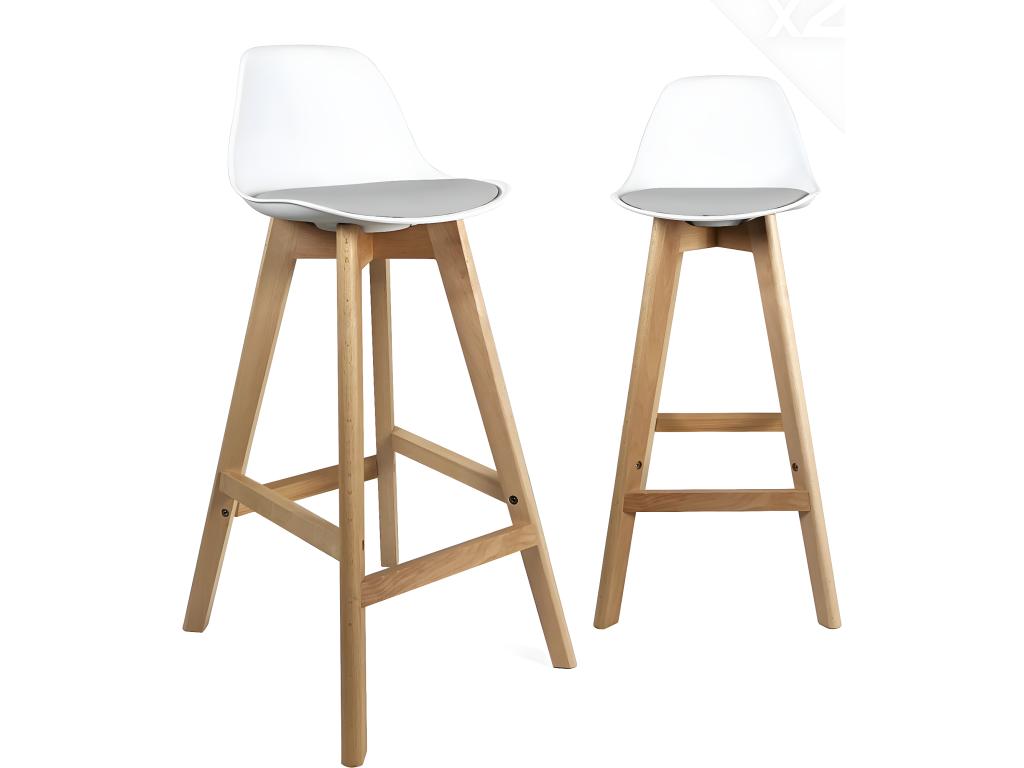 Lot 2 chaises de bar scandinaves hauteur 67cm dossier coussin simili pieds bois clair Luxameub blanc gris OLSP87535