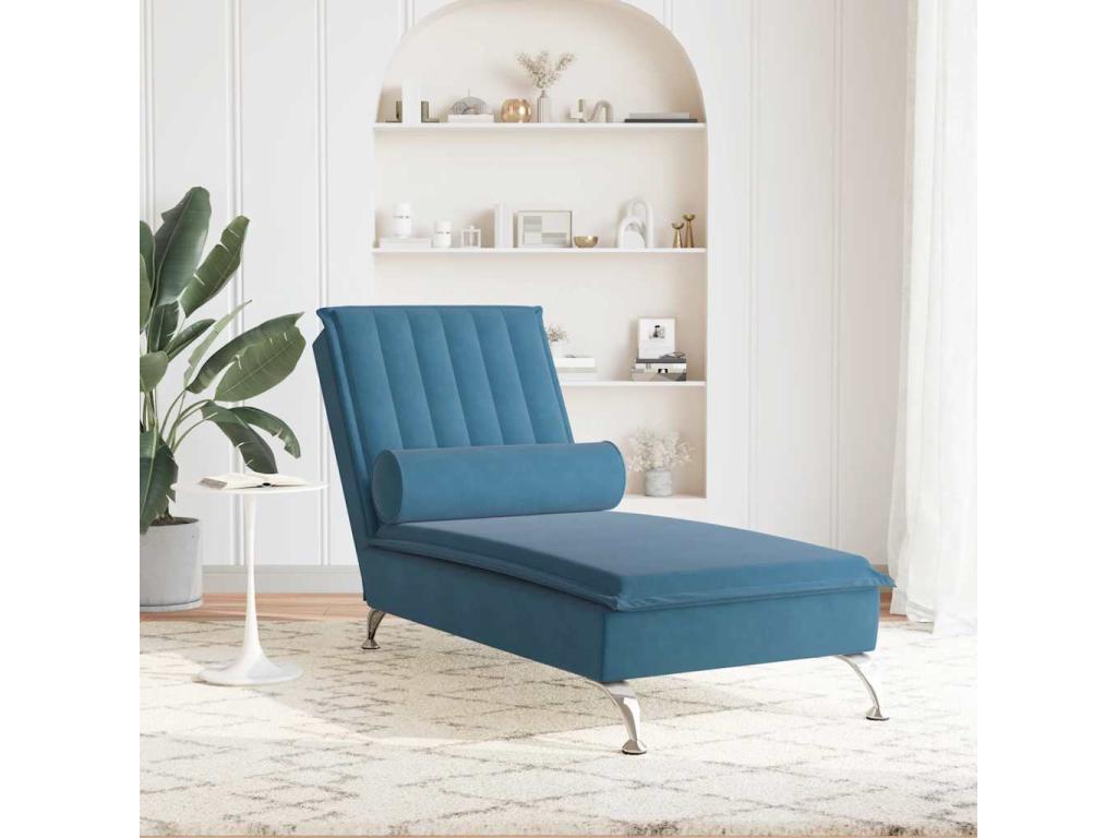 Chaise longue de massage avec traversin bleu velours FEGU47556