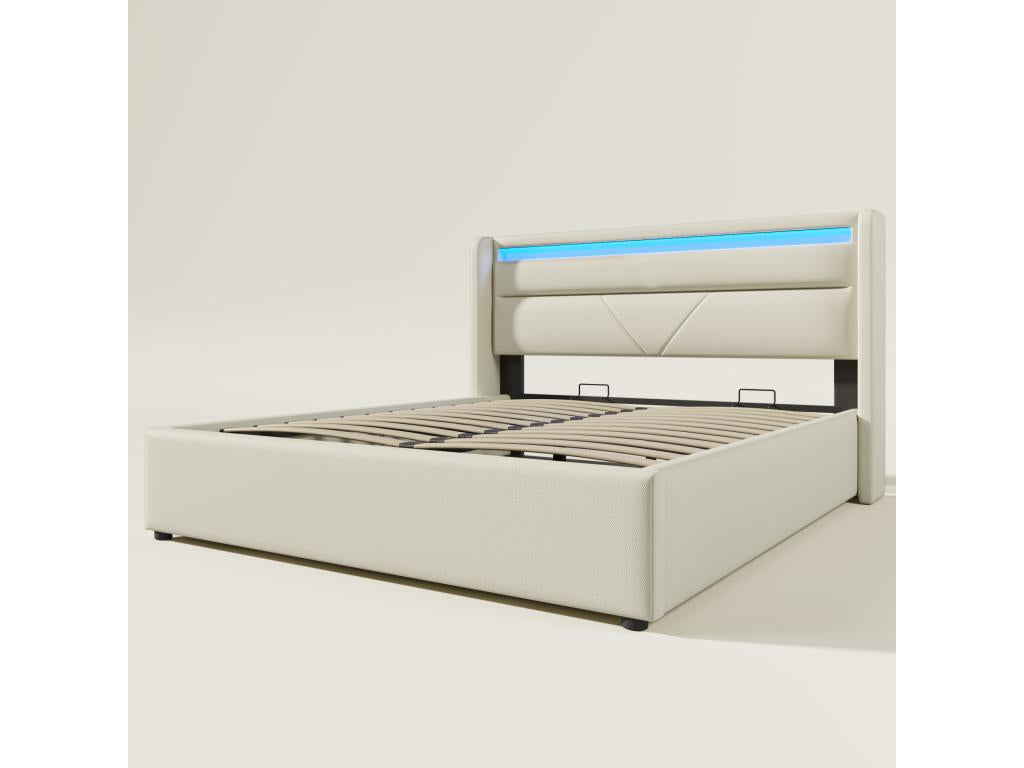 Lit coffre avec tête de lit - 140x200 cm - cuir pu - LEDs - matelas blanc BNIF59703