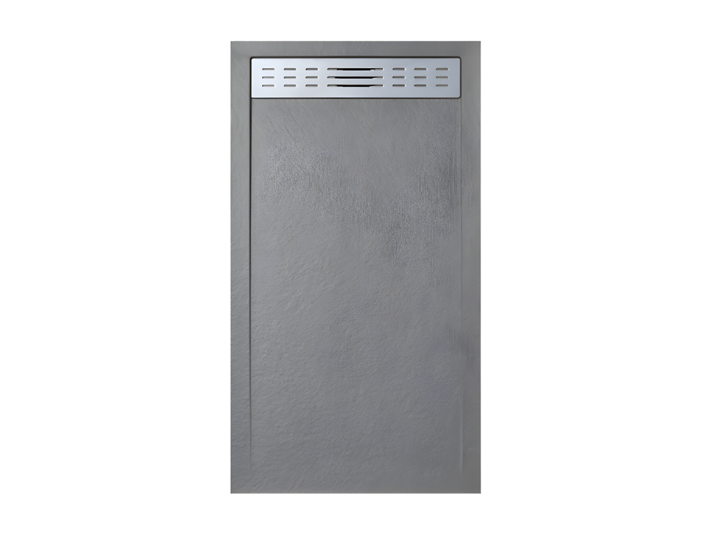 Receveur de douche 70x185 cm avec grille latérale Mobenze gris Ral 7037 en résine synthétique et poudre de marbre avec drain VPHK52253