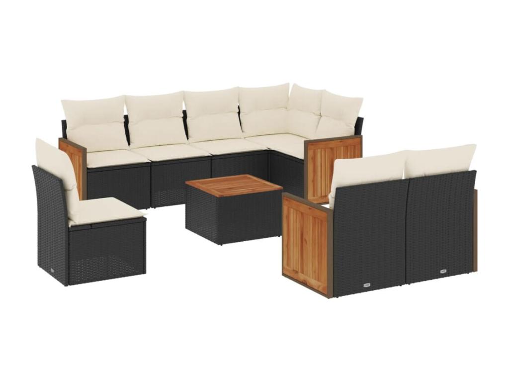 Salon de jardin 9 pcs avec coussins noir résine tressée JRFY74194