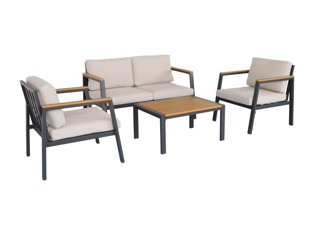 Salon de jardin Mobenze- beige- aluminium et polywood 4 places- 1 canapé- 2 fauteuils- 1 table basse YUJO06563