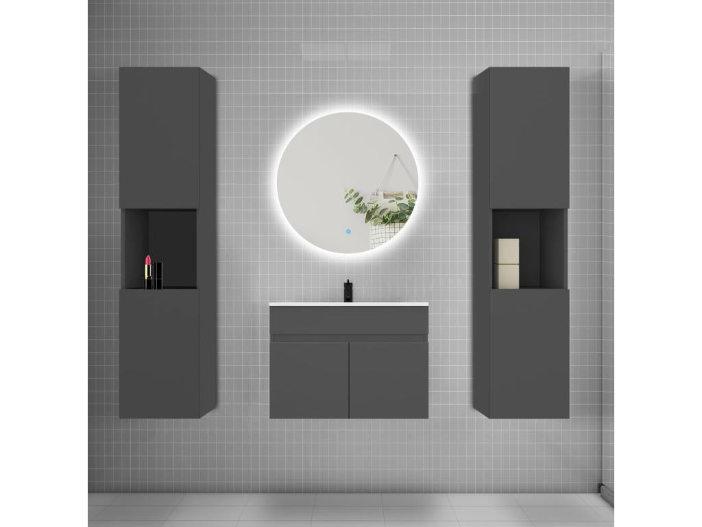 Ensemble meuble vasque L.60cm colonne lavabo LED miroir rond 60cm anthracite PKIQ35017
