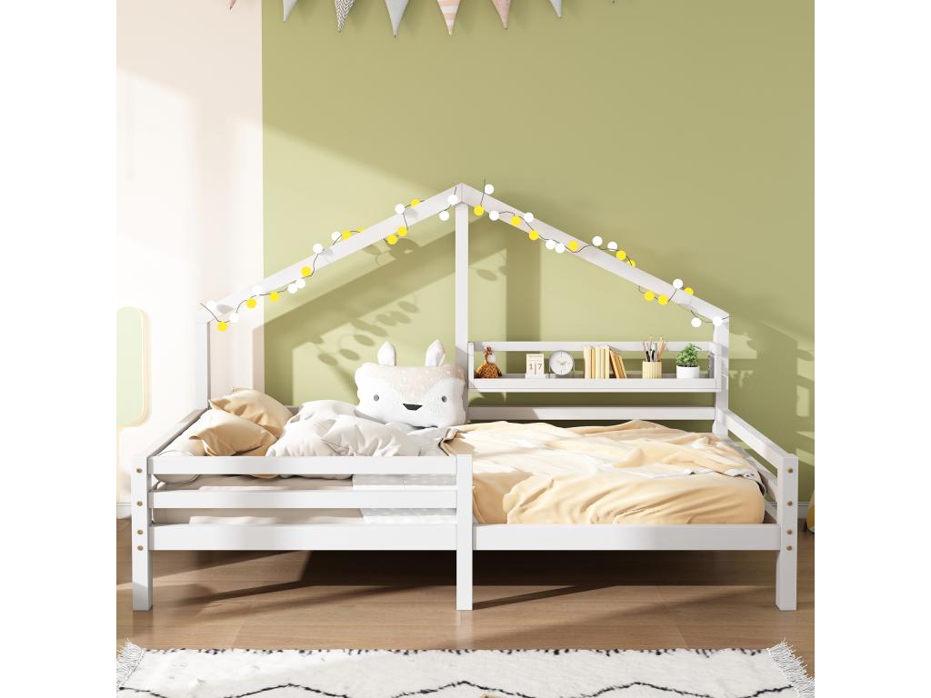 Lit cabane 90x200 cm avec étagère de rangement - Mobenze de pin - coloris blanc FDPT76867