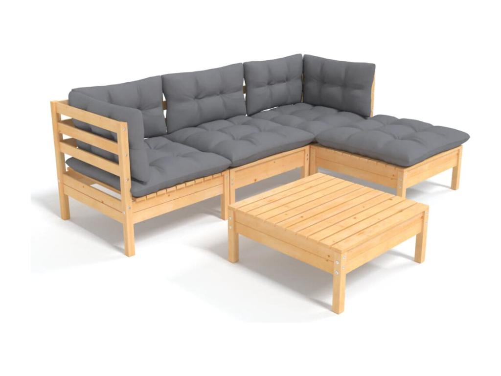 Salon de jardin 5 pcs avec coussins gris Mobenze de pin 4 WCGA94836
