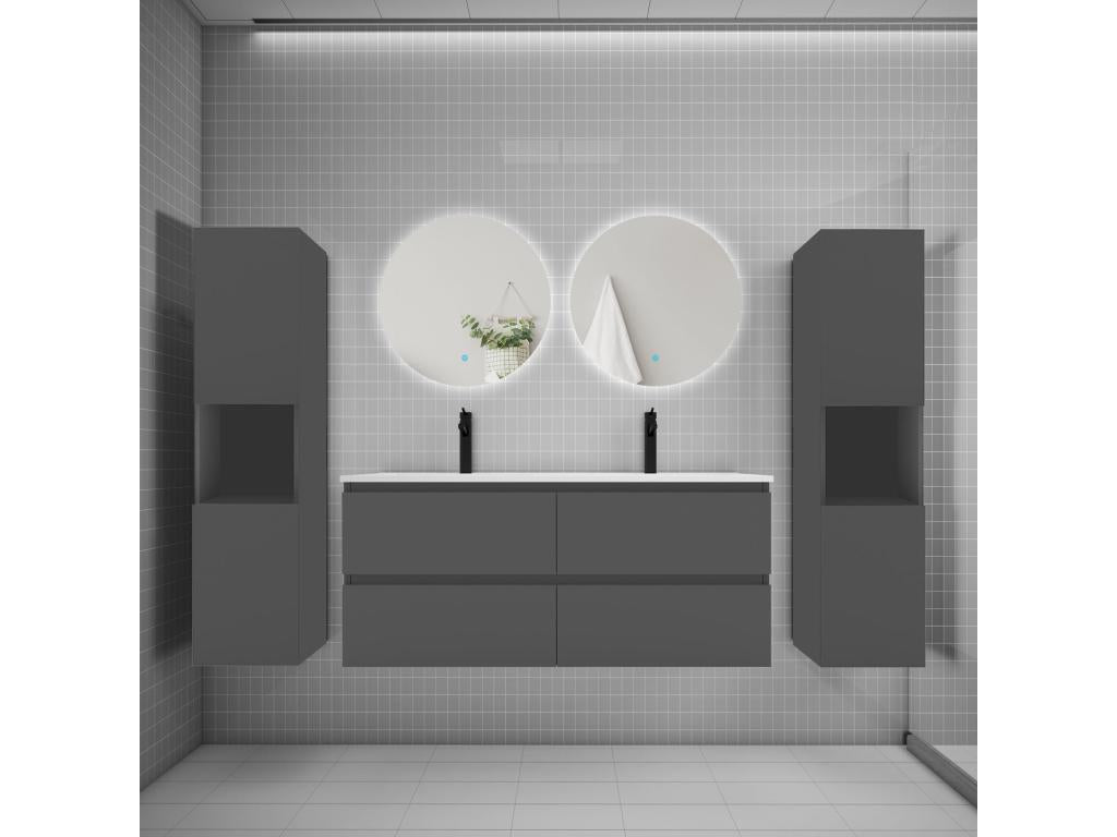 Ensemble meuble vasque L.120cm 2 tiroirs lavabo colonne LED miroir rond 60cm anthracite ZAZM21919