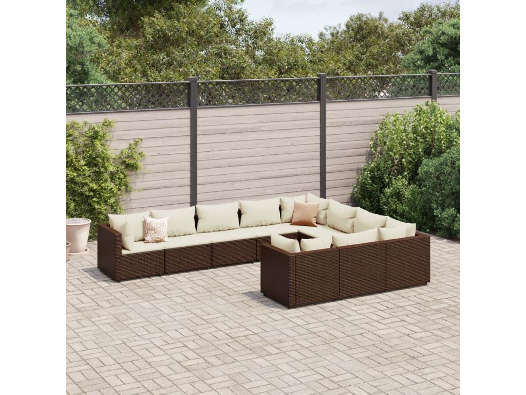 Salon de jardin 10 pièces avec coussins marron résine tressée BJGW43735