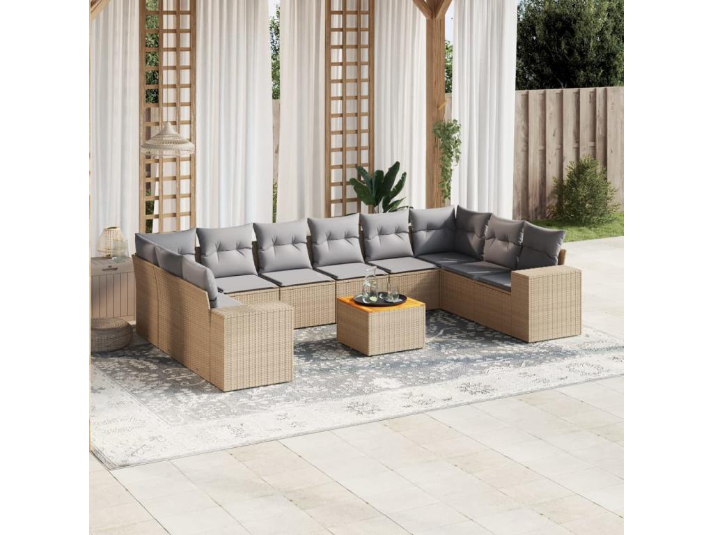 Salon de jardin 11 pcs avec coussins beige résine tressée GRJA11296