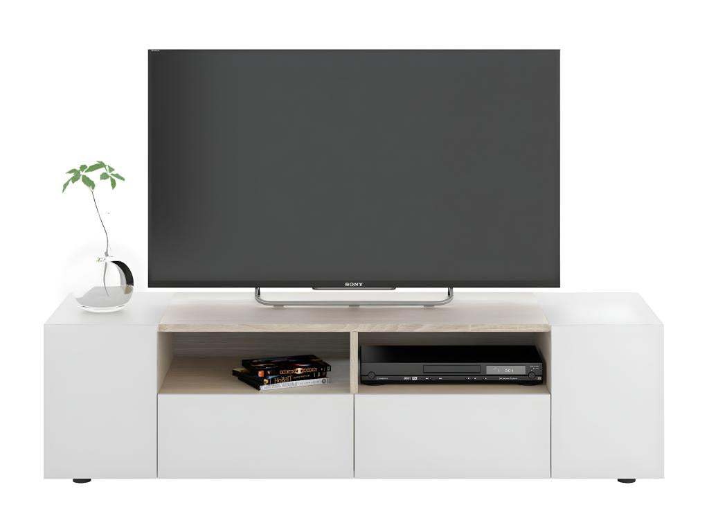 Meuble TV Boislis Buffet téléBoislis de salon Meuble TV moderne Buffet bas polyvalent 138x42h36 cm Blanc et Chêne SXRV01460