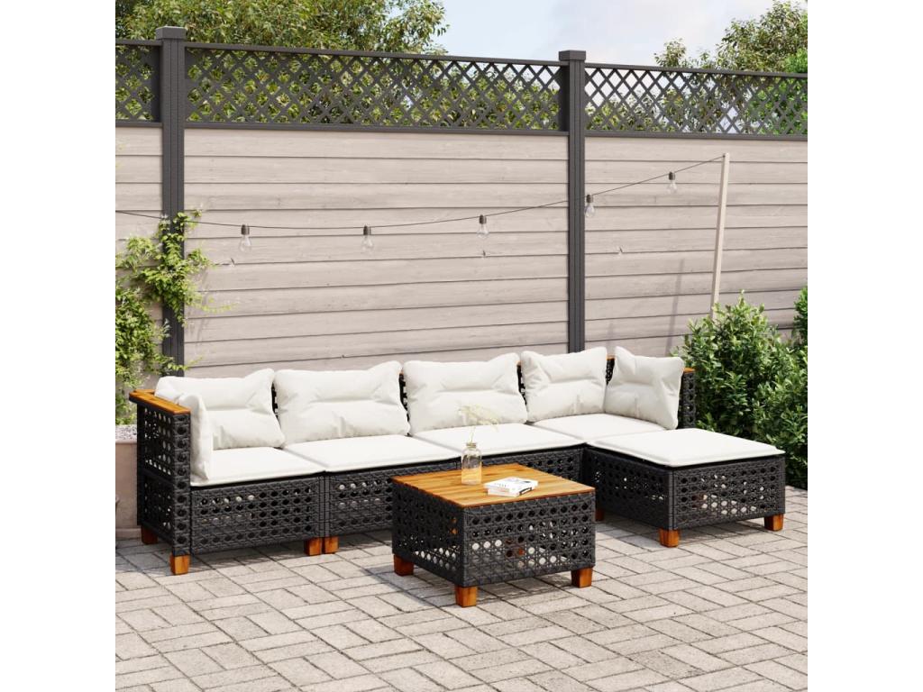 Salon de jardin 6 pcs avec coussins noir résine tressée RZUI55879