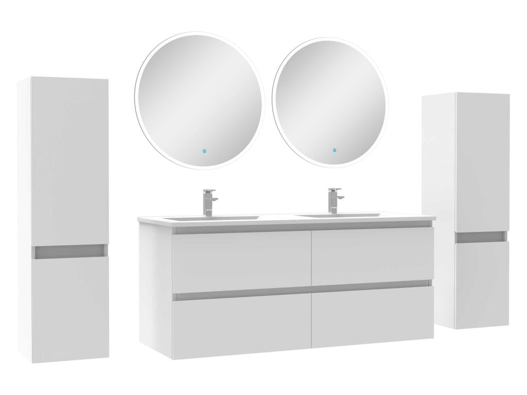 Ensemble meubles Salle de Bain avec colonne miroir rond mural 120cm meuble blanc BDZQ54640