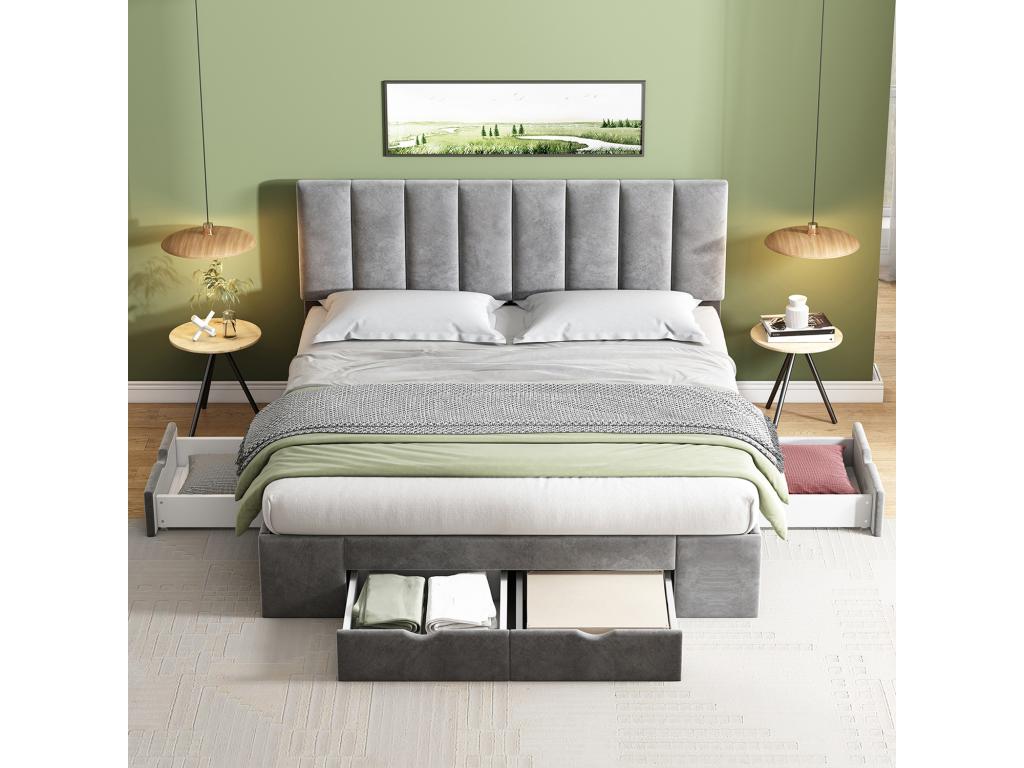 Lit avec tiroirs - 160x200 cm - avec dossier avec 4 tiroirs gris sans matelas - Mobenze UFFW31685