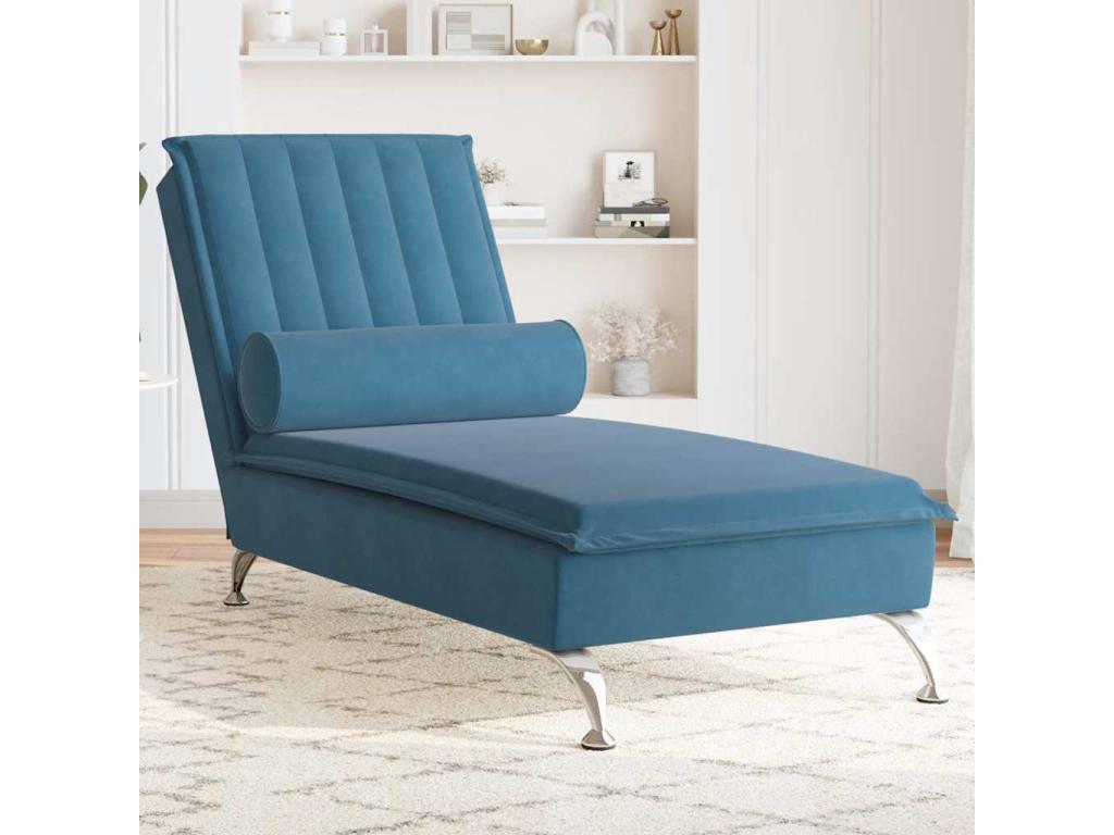 Chaise longue de massage avec traversin bleu velours FEGU47556