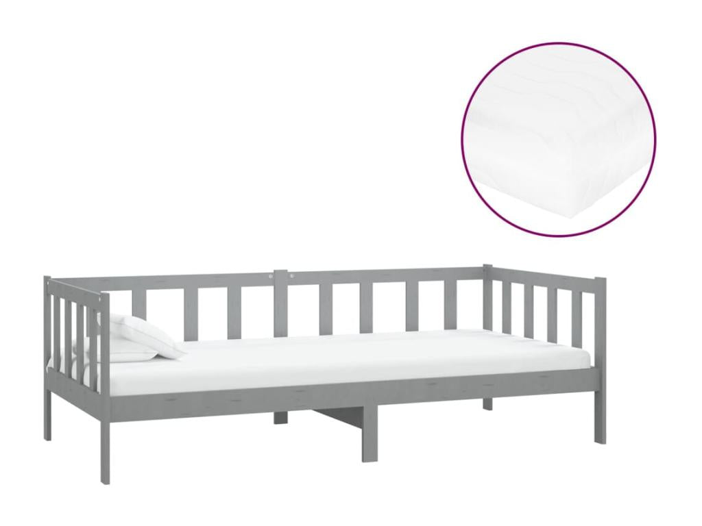 Lit avec matelas 90x200 Gris Mobenze de pin massif 16 MKSV30581