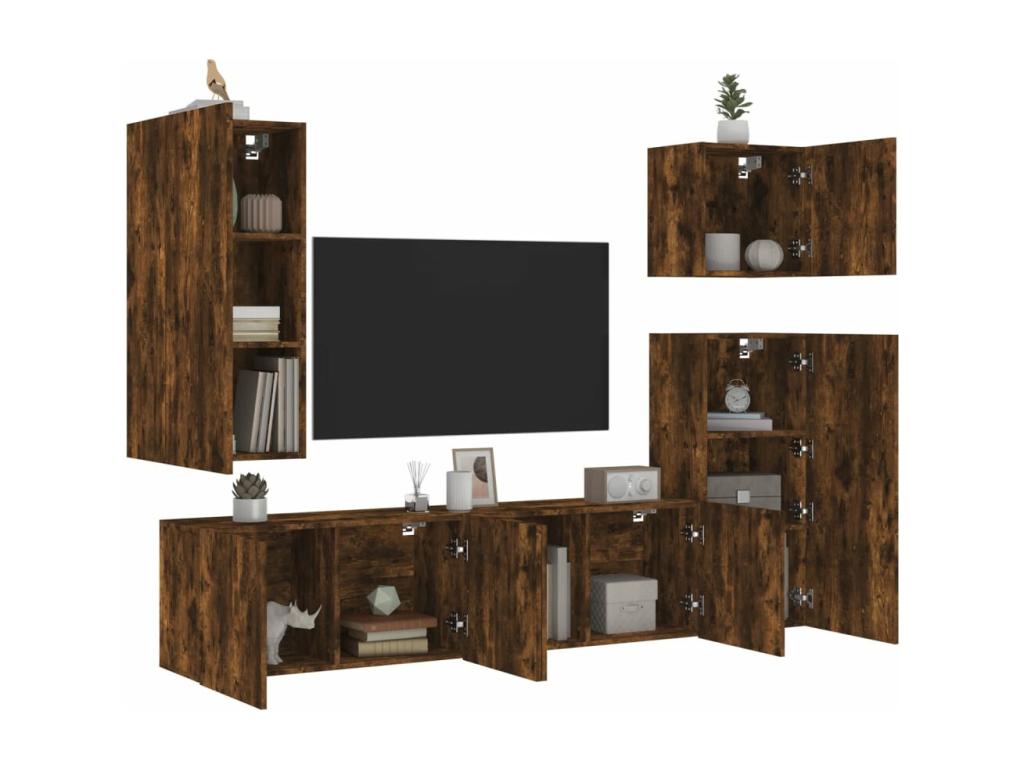 Unités murales TV 5 pcs chêne fumé bois d'ingénierie FAFP30047