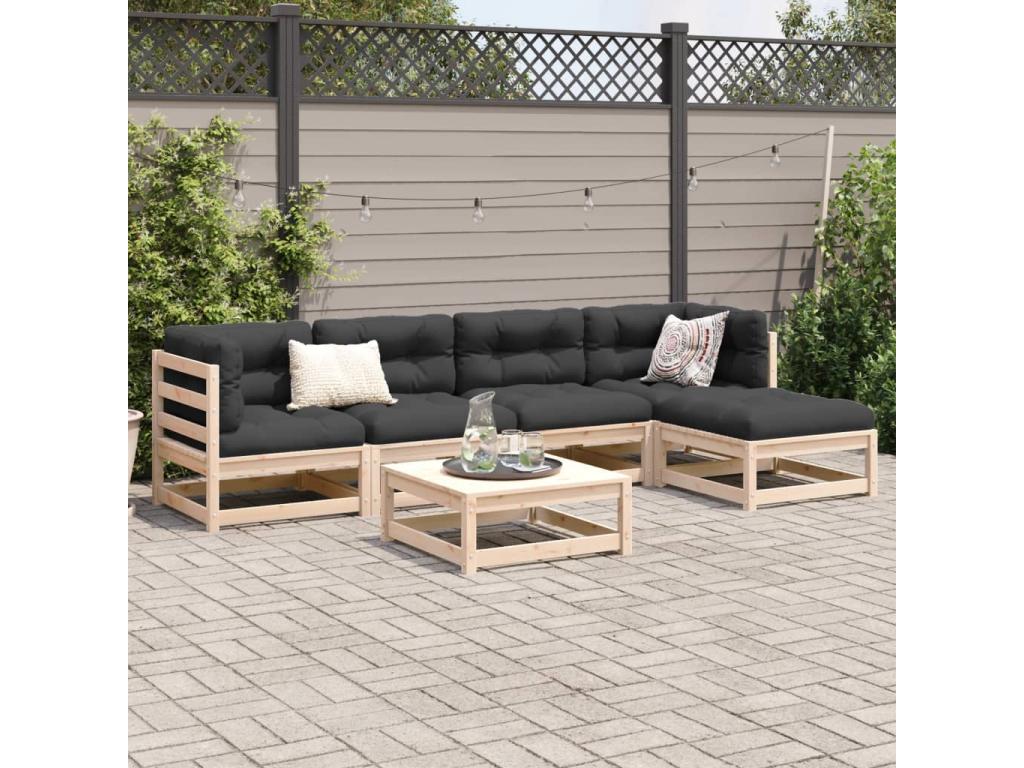 Salon de jardin 6 pcs avec coussins bois de pin massif BXIS64254
