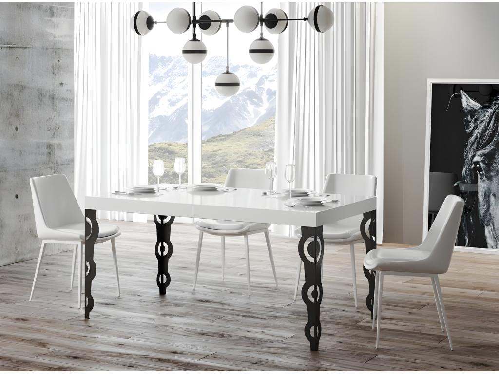 Table rectangulaire extensible orientale 6 à 14 personnes L 180 à 284cm blanc laqué et pieds métal anthracite Luxameub DAQI62559
