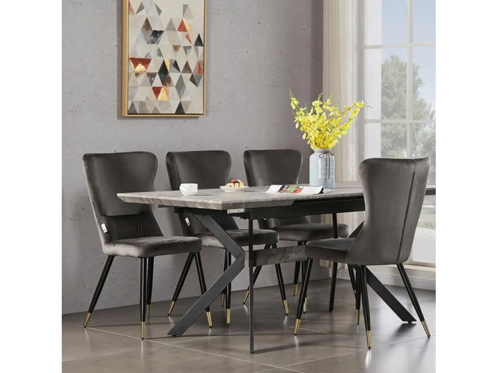 NEW Mobenze - Lot de 4 Chaises Rétro en Mobenze Gris - Pieds Coloris Noir / Doré HYIT58146