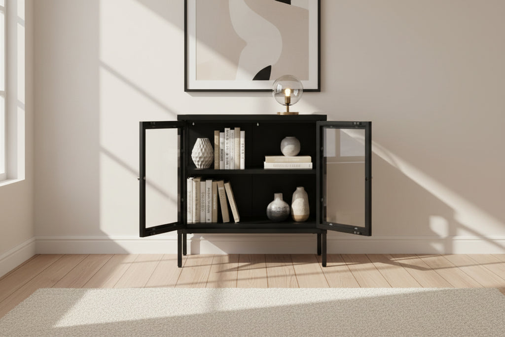 Buffet Noir 70x35x70 Acier et verre NATD38372