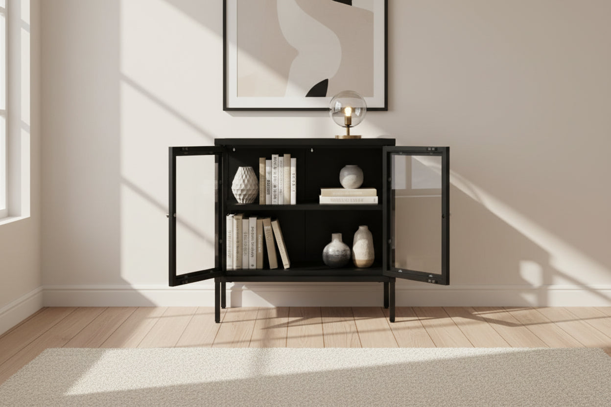 Buffet Noir 70x35x70 Acier et verre NATD38372