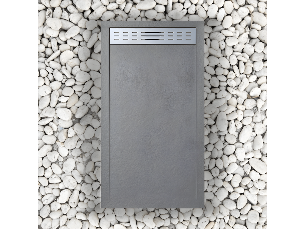 Receveur de douche 70x185 cm avec grille latérale Mobenze gris Ral 7037 en résine synthétique et poudre de marbre avec drain VPHK52253