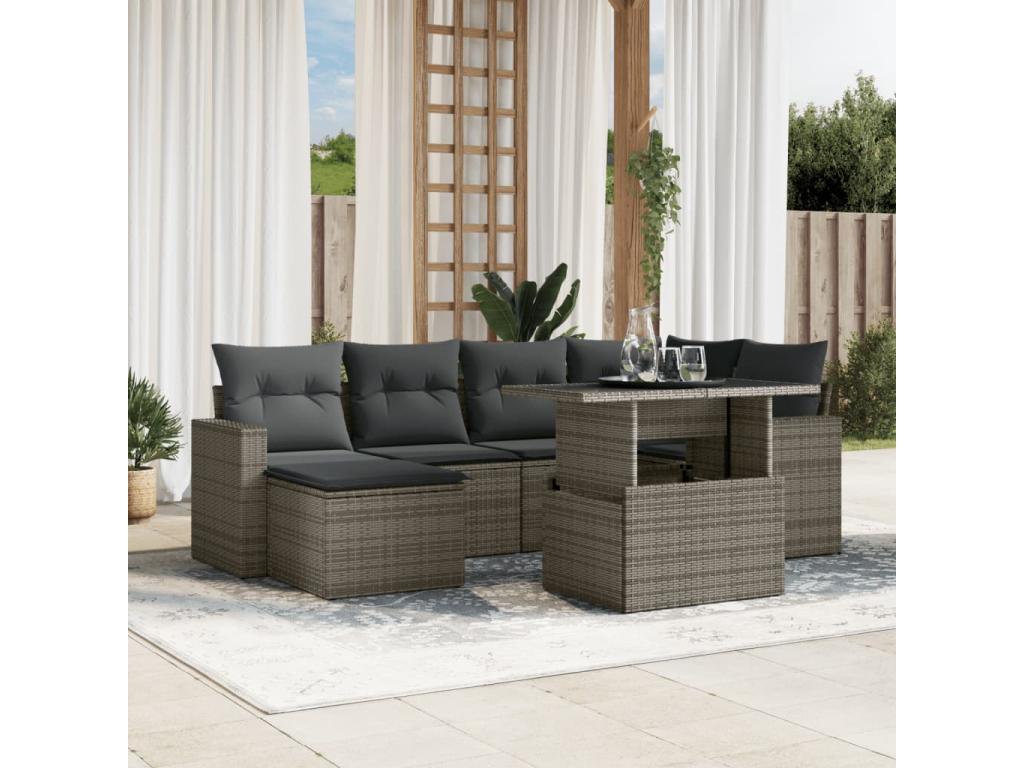 Salon de jardin avec coussins 7 pcs gris résine tressée QJWE01085